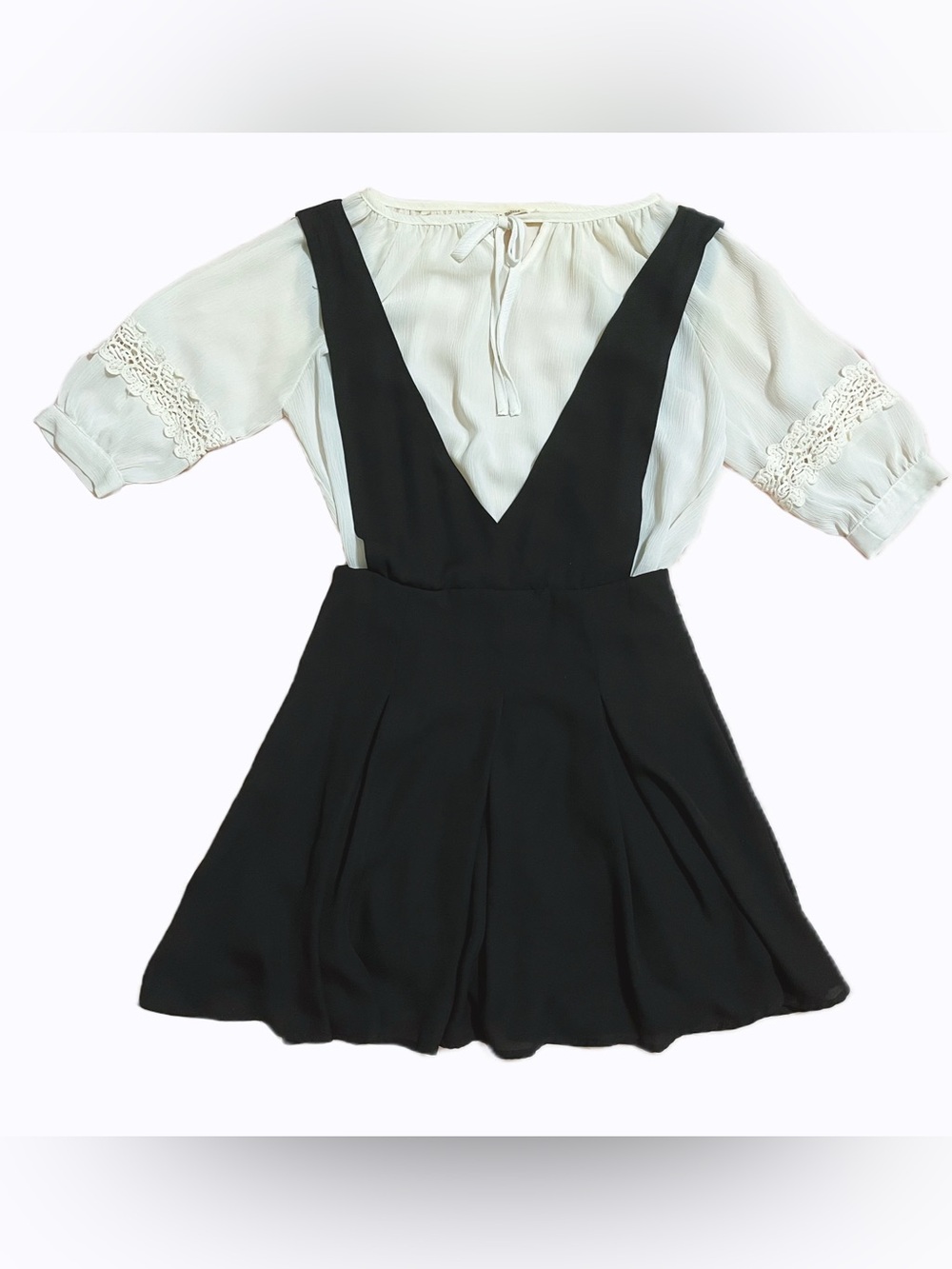 Women’s 2-Piece Dress Set - Black Overall Dress & White Lace Sleeve Blouse Flowy
